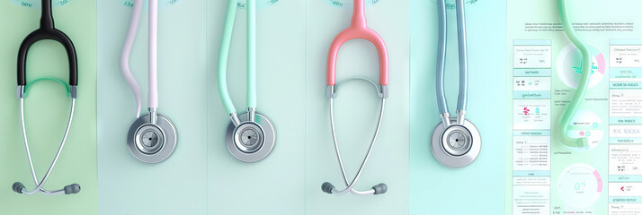 Stethoscope Studies: A stethoscope in various colors, hanging from a hook, with a chart listing common auscultation findings in a soft pastel green.