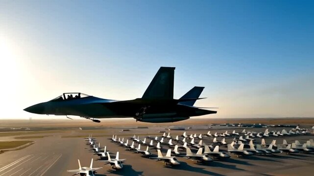 A F-22 flying over a military base with other fighter jets practicing, generated by AI