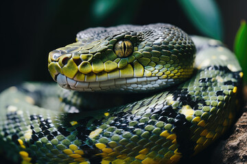 Obraz premium A vibrant green and black snake coils around a branch in a lush tropical forest, highlighting its intricate scales and keen gaze