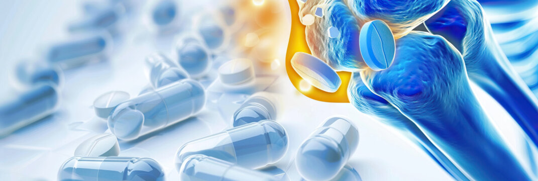 Inflamed Inflammation: An image of an inflamed joint, highlighted with a yellow outline and superimposed on an anti-inflammatory medication tablet in blue and white.