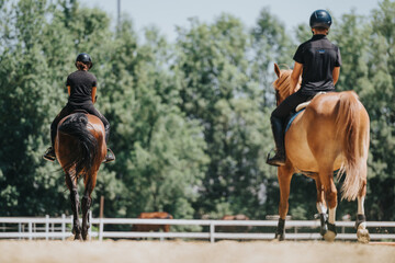 Two individuals on horseback enjoying a ride at an equestrian center, capturing the essence of...