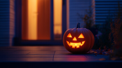 Obraz premium A glowing, smiling pumpkin sitting on a sleek, modern doorstep with contemporary Halloween decor, happy pumpkin, modern style