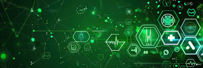 Healthcare Harmony: A green-hued abstract background with medical symbols, representing the balance and unity within the medical field.