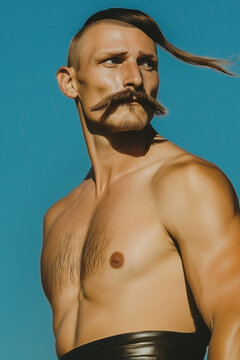 Outstanding courage concept. Portrait of Ukrainian Zaporizhzhian Mystic Cossack on blue sky background. Low angle. Traditional haircut - oseledets. Retro, vintage style. Oudoor shot