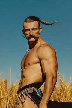 Outstanding courage concept. Portrait of Ukrainian Zaporizhzhian Cossack standing in field of golden wheat, under blue sky. Low angle. Traditional haircut - oseledets. Retro style. Oudoor shot
