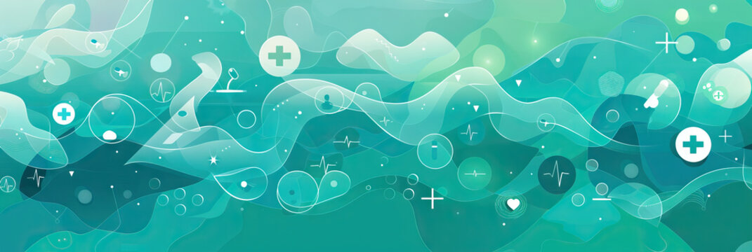 A calming, turquoise-colored background with soothing shapes and medical symbols, symbolizing the nurturing aspect of healthcare.