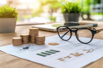 Business analysis with financial growth charts and coins on a desk, emphasizing investment and planning strategies.
