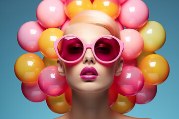 Stylish Woman with Colorful Bubble Gum Balloons and Sunglasses