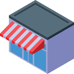 Small business building with striped awning isometric icon is showing a cute little shop