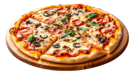 Delicious Pizza on wood plate isolated on transparent background