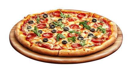 Delicious Pizza on wood plate isolated on transparent background