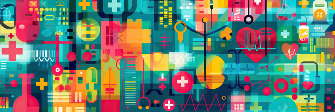 A colorful, abstract background featuring a woven pattern of medical symbols and tools, representing the interconnectedness of various treatment modalities.