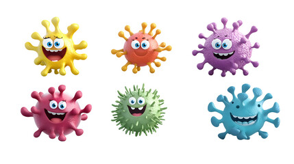 Set of 3D cute happy cartoon Bacteria and virus isolated on transparent background