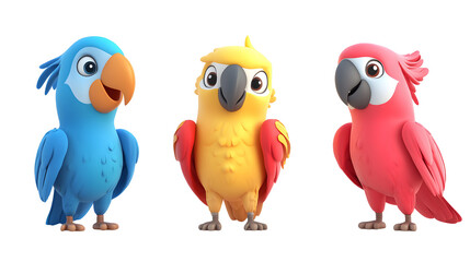 Fototapeta premium Set of 3D cute happy cartoon parrot isolated on transparent background