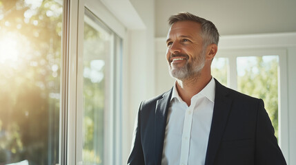 Fototapeta premium handsome man in a suit arriving at his home, with a bright and cheerful expression. The home interior should be inviting and well-lit, creating a contrast between the day's work an