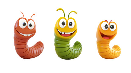 Set of 3D cute happy cartoon Worm isolated on transparent background