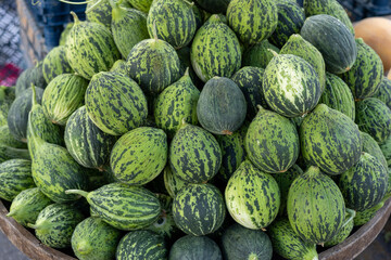 Freshly harvested green melons stacked at a local farmer's market in the early morning light