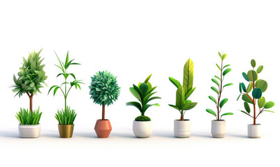 Plant shoot, potted houseplant, tree, grass, 3d cartoon icon set white background