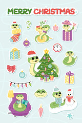 Merry Christmas sticker set with cute snake. Cozy Christmas stiker pack. Cartoon, vector
