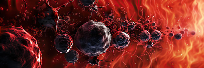 A striking red and black abstract design that showcases disorderly cell growth, emphasizing the importance of cancer prevention and detection.