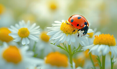 Fototapeta premium Ladybug on the chamomiles flower, spring background