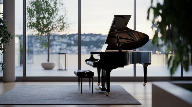 A grand piano is situated in a modern, spacious room with large windows offering a scenic view, exuding elegance and sophistication in a serene setting.