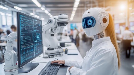 Female android working on computer at busy lab desk. human resources, recruitment, work efficiency, training, innovation, future automation approach, development.