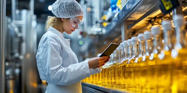 a food production worker in white uniform and hairnet using a digital tablet to monitor the production line. The background features bottles of oil on a conveyor belt, food process