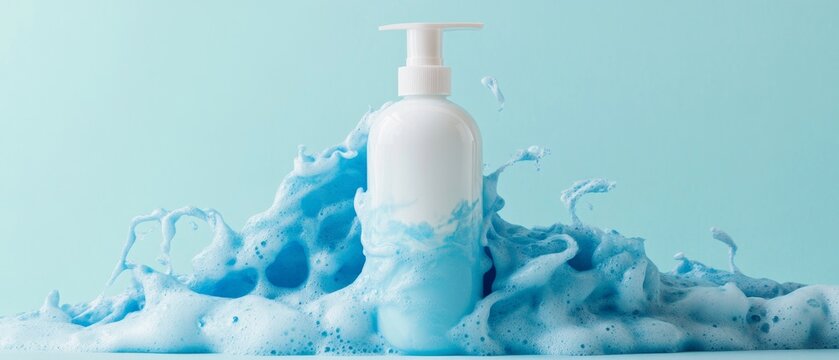 Modern blue and white shampoo bottle with vibrant, foamy lather overflowing, creating a dynamic and fresh visual appeal