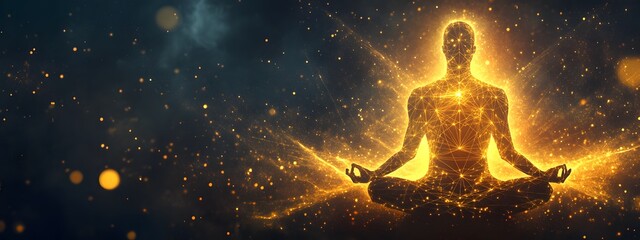 A meditating figure surrounded by an aura of golden light, radiating energy and spiritual power.