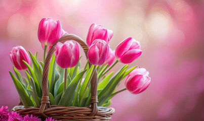 Basket of pink tulip flowers on a pink spring background copy scace