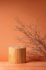 Round bamboo podium set against a warm orange background, accompanied by delicate dried branches. Perfect for showcasing organic, natural, or eco-friendly products