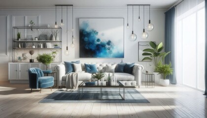 Fototapeta premium A mid-century modern living room, dark teal accent wall, large textured art canvas, teal velvet sectional sofa with colorful patterned throw pillows, wood floors, potted plant decor, industrial pendan