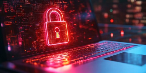 Laptop screen showing a secure lock symbol, with a digital matrix background, highlighting cybersecurity, bright and sharp image