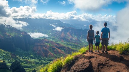 Obraz premium Three children stand on a mountain overlook, gazing at the lush valley and breathtaking landscape under a bright sky.