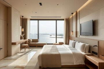 Beautiful decorated luxury hotel room with a large bed and loggia with sea view.