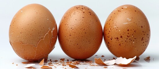 Three Eggs on a White Background, One Cracked