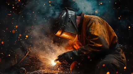 Welder at Work in a Dark and Smoky Industrial Environment
