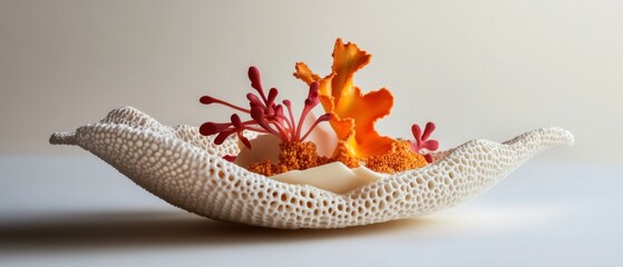 Cutting-edge 3D food printing, detailed layers of ingredients creating a visually stunning and intricate dish, blending technology with modern cuisine