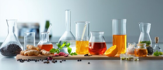 Scientific food lab setup, vibrant liquids and fresh ingredients, glassware and molecular gastronomy tools arranged for culinary experimentation