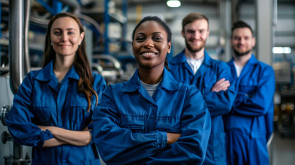Group of diverse individuals smiling and standing confidently in industrial work attire at a manufacturing facility
