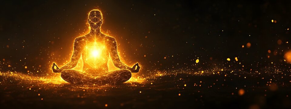 A meditating figure surrounded by an aura of golden light, radiating energy and spiritual power.