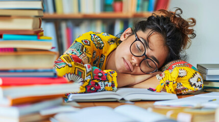Student resting on a desk surrounded by books during study session in a bright classroom