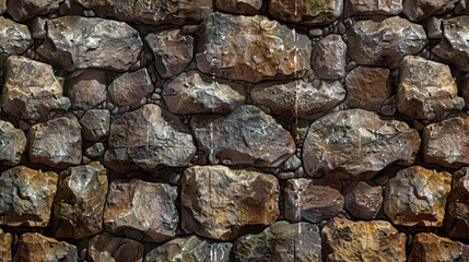 Obraz premium Textured stone wall made of uneven rocks in earthy tones, showcasing natural weathering and rustic charm