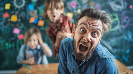 An animated teacher passionately engaging with students in a colorful classroom filled with drawings and learning materials