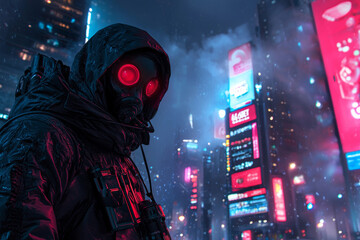 A mysterious figure in gas mask stands in vibrant, neon lit futuristic city, surrounded by towering skyscrapers and glowing advertisements. atmosphere is filled with sense of intrigue and hint of dang