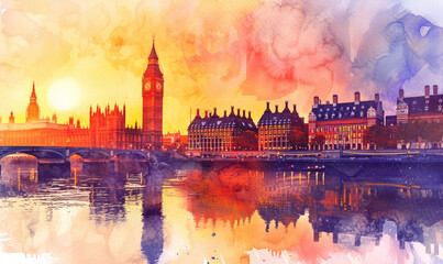Watercolor London cityscape with Houses of Parliament and Big Ben tower at sunset, UK