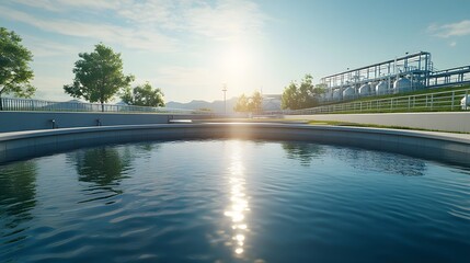Fototapeta premium A bright wastewater treatment plant under a clear blue sky showcases sunlight reflecting on water, circular tanks, and concrete structures that signal modern industrial architecture.