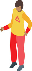 Fototapeta premium Isometric young man wearing sportswear is standing with his hand outstretched, possibly giving a presentation