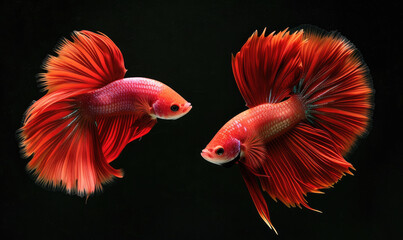 Obraz premium Beautiful movement of red betta fish, Two Fancy Halfmoon Betta, The moving moment beautiful of Siamese Fighting fish, Betta splendens, Rhythmic of Betta fish isolated on black background